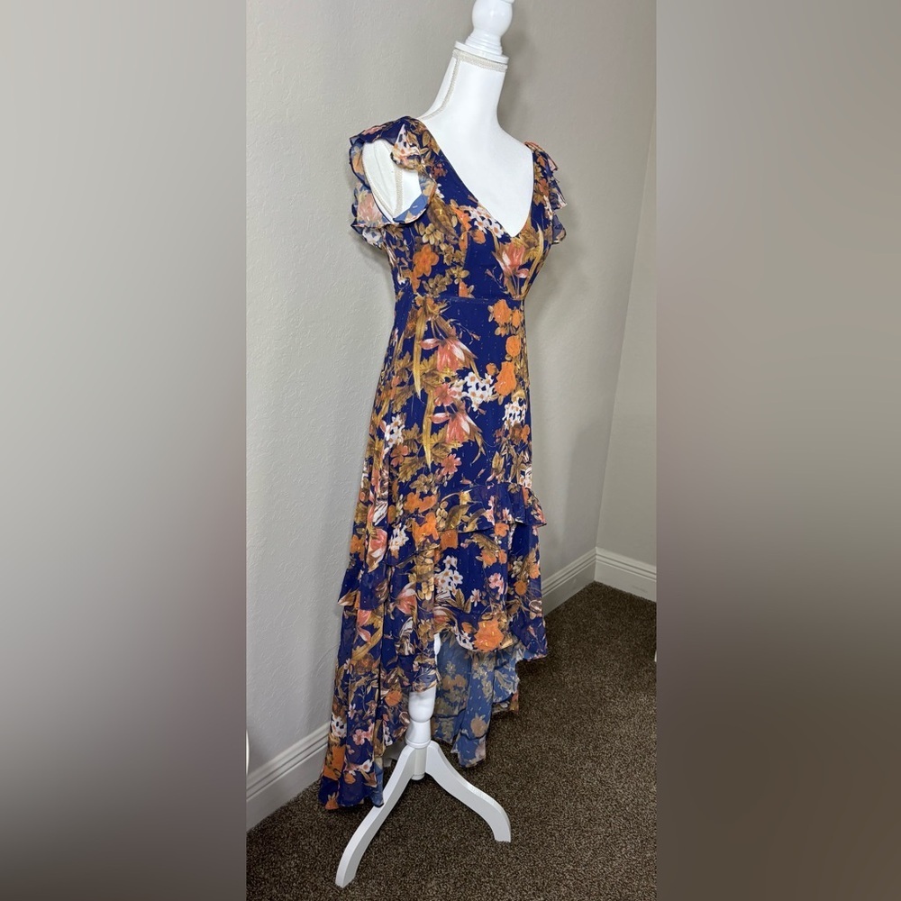 Lulu's Stunning Favorite Navy Blue Floral Ruffled High-Low Maxi Dress.NWT Size S - Picture 5 of 10